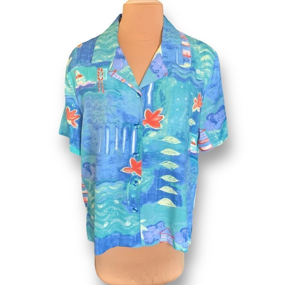 Vintage Peter Popovich Shirt Blue Button Front Abstract Nautical Floral Print